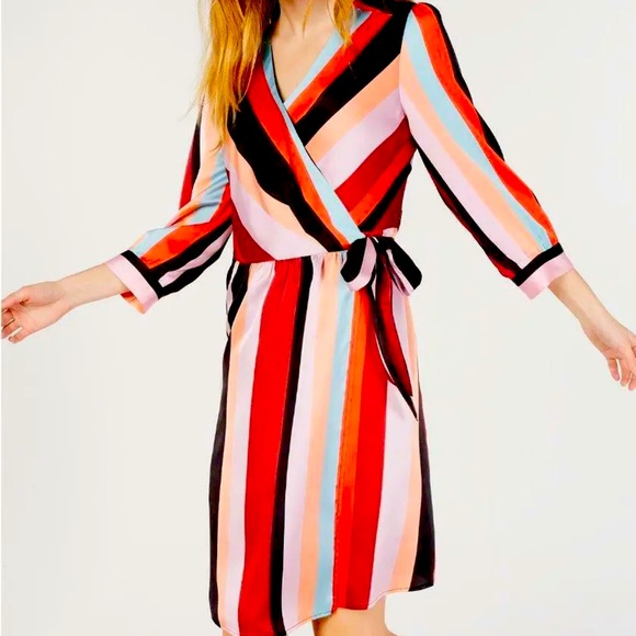 Bar lll Multi Colored Striped Wrapped Satin Dress Size M - Picture 5 of 11